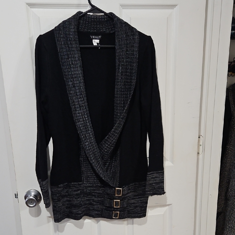 VENUS Womens Black Gray Shawl Collar Buckle Cardigan L Textured Knit Layering